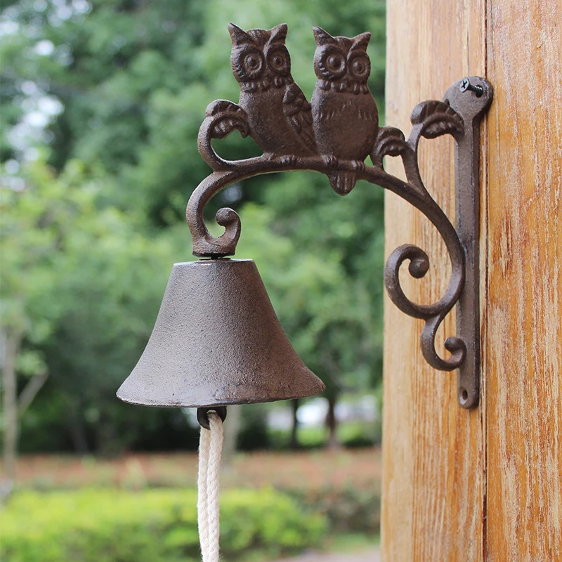 Rustic Owl Cast Iron Hand Cranking Wall Bell Vintage Home Garden Double-sided Two Owls On Branch Metal Wall Welcome Door Bell