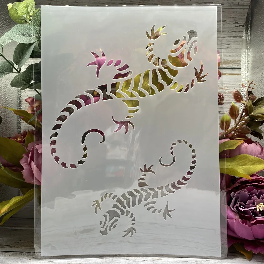 A4 29cm Two Gecko DIY Layering Stencils Wall Painting Scrapbook Coloring Embossing Album Decorative Template