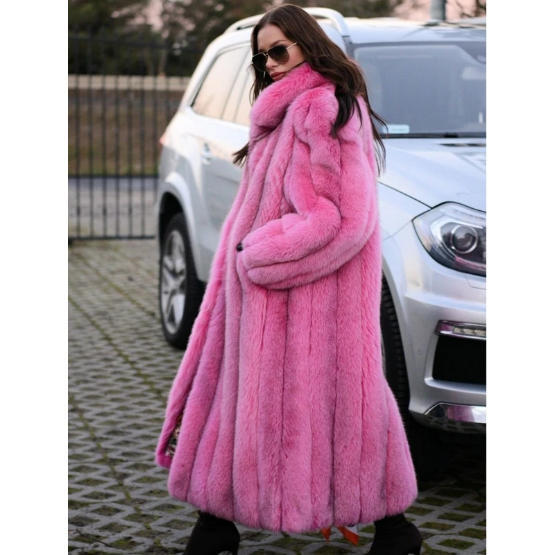 110cm Long Fashion Women Pink Fox Fur Coat Stand Collar Full Pelt Natural Fox Fur Jackets Thick Warm Winter Outwear Fur Coats