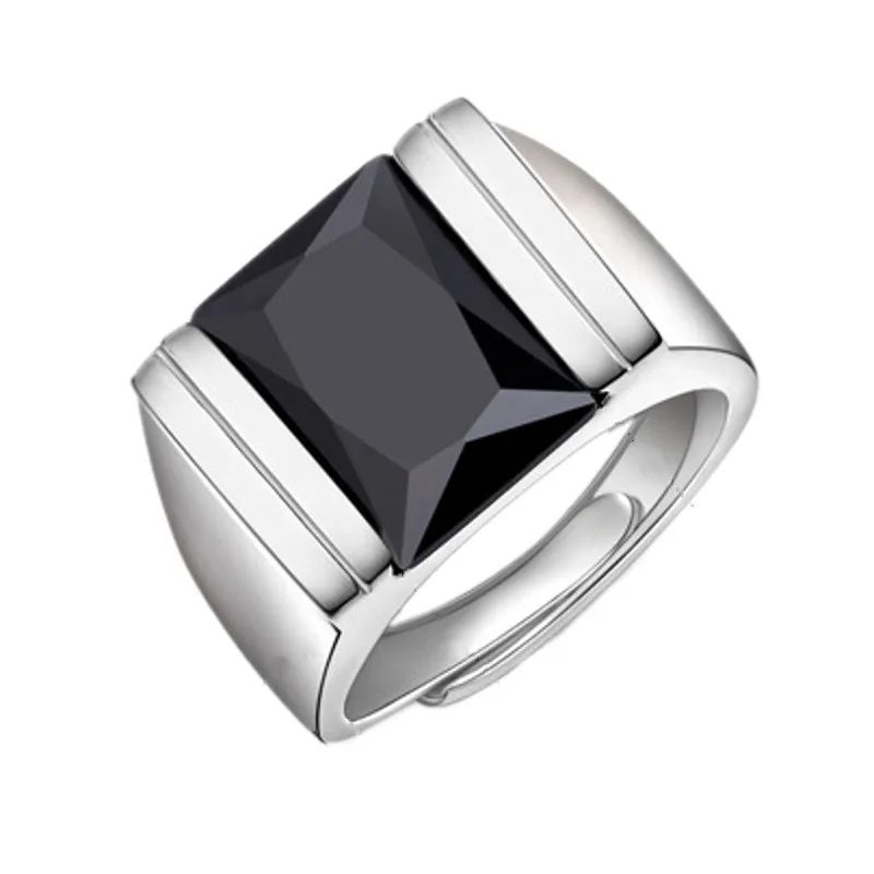 BOCAI Trendy 100% Real 925 Silver Natural Obsidian Ring for Men Adjustable Size Fashion Christmas Gift