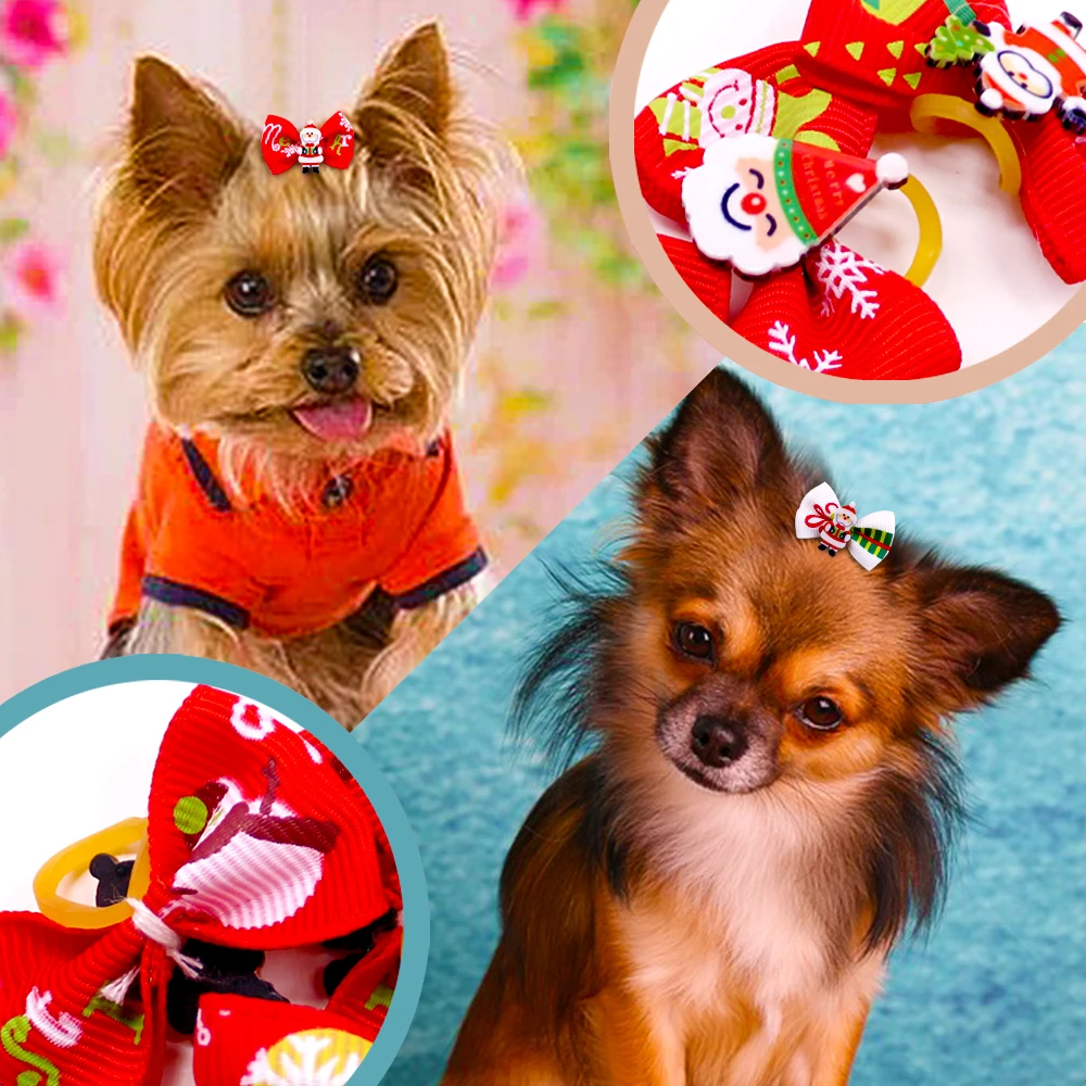 100pcs Christmas Dog bows Dog Hair Accessories Xmas Pet Small Dog Hair Bows Pet Supplies Rubber Santa Snowman Bows For Dogs