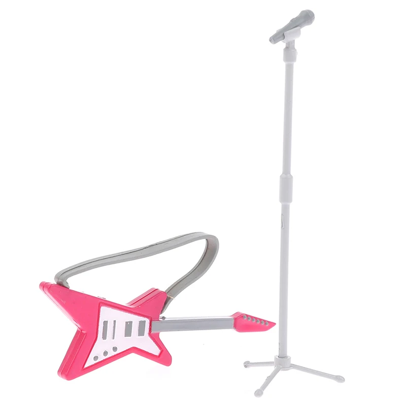 1 Set Dollhouse Miniature Guitar Microphone Model Vocal Concert Set Kids Pretend Play Furniture Model Mini Figures Accessories