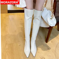 MORAZORA INS HOT Knee High Boots Women Pointed Toe Sexy High Heels Genuine Leather Stretch Boots Autumn Winter Party Shoes