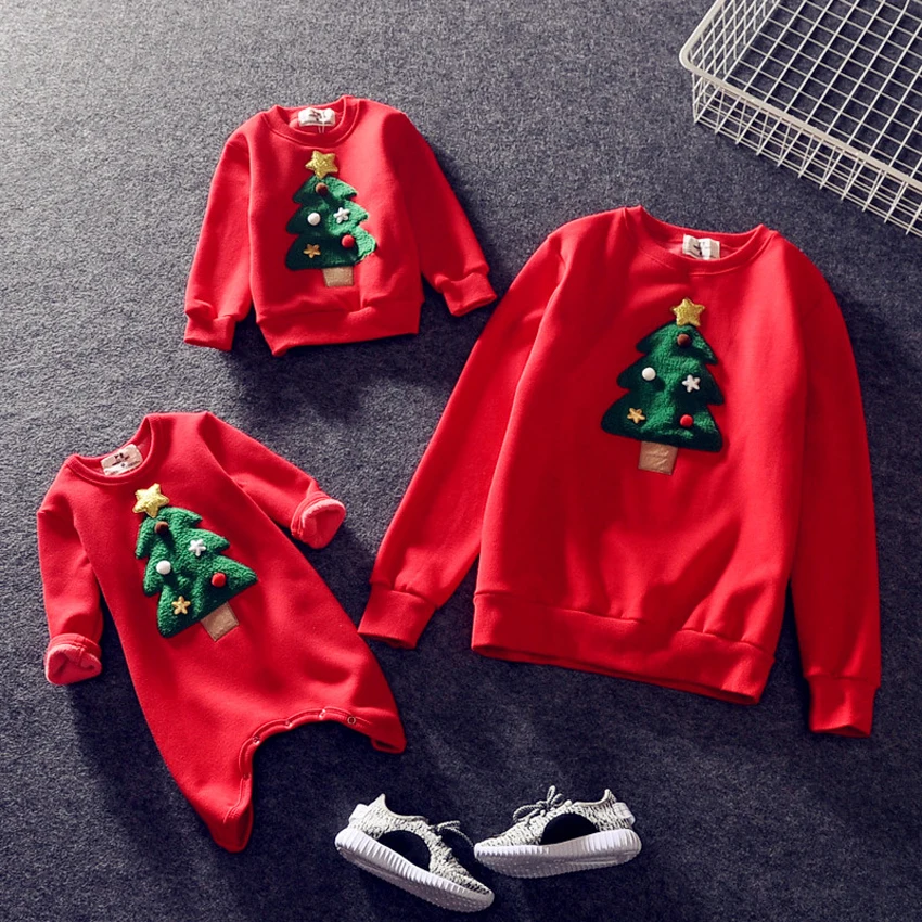 Mommy and Me Christmas Family Matching Clothes New Year Women Kids Homewear Hoodie Sweaters Xmas Tree Embroidery Good Quality