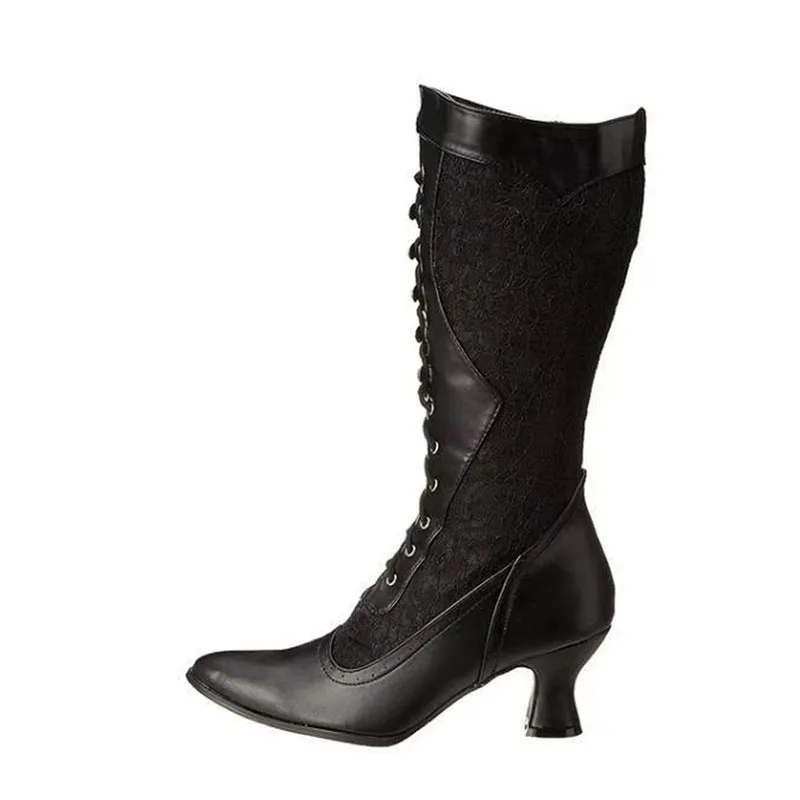 Retro Women Boots Autumn Winter Sexy Shoes Woman Lace-up Pointed Toe Low Heels Mid-calf Boots for Women Plus Size 34-43 WSH3450