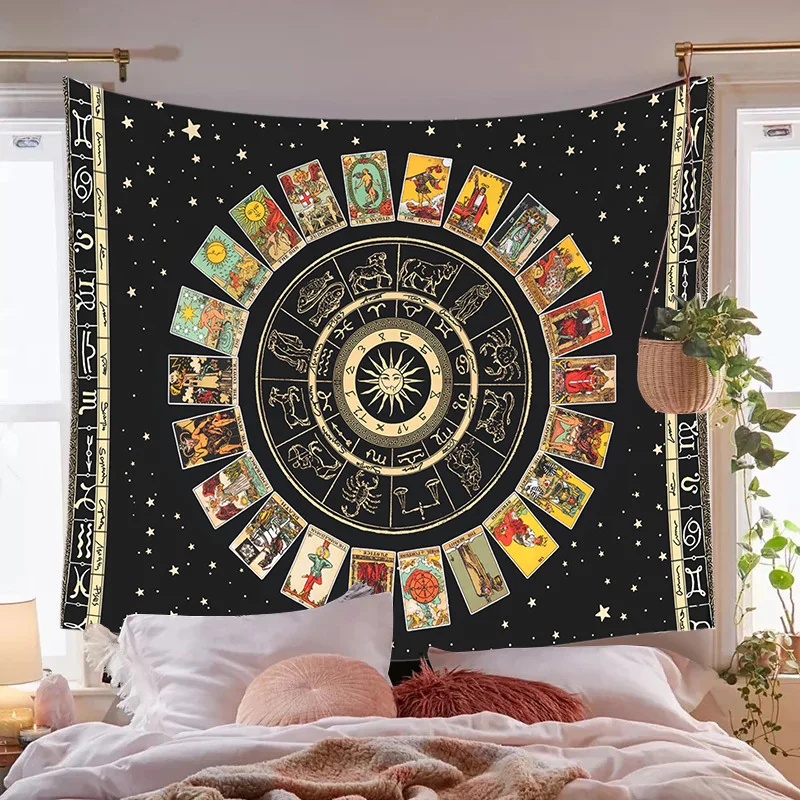 Tarot Card Wheel Of The Zodiac Astrology Chart Tapestry Wall Hanging Retro Sun Moon Blanket Home Sofa Background Cloth Painting