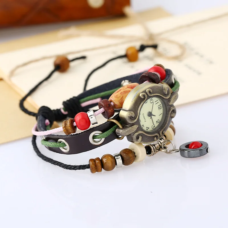 Jessingshow Women Retro Rivet Braided Bracelet Leather Strap Vintage Wood Beads Jewelry Watch Clock Digital Adjustable Bracelets