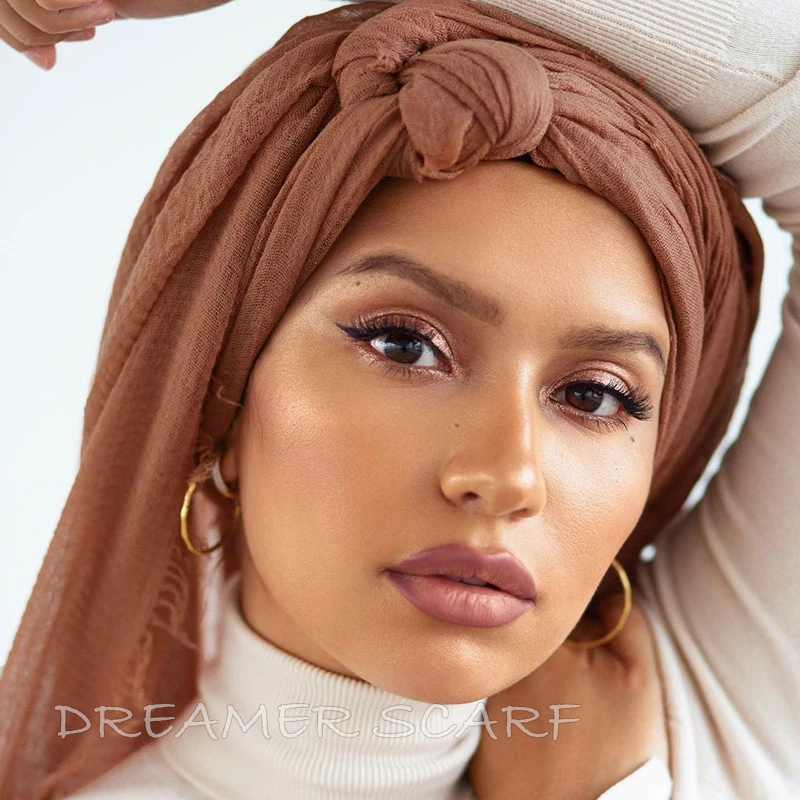 Big Size Crinkle Cotton Hijab Women Headscarf Cotton Muslim Turban Head Wraps Plain Pleated Cotton Linen Musulman Shawl