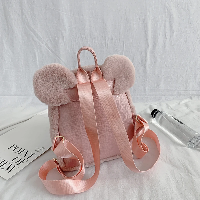 Bear Ears Plush Women Backpack Faux Fur Shoulders Bag Cute Furry Women Bag Mini Girl Backpacks NEW Winter Bags For Women 2020