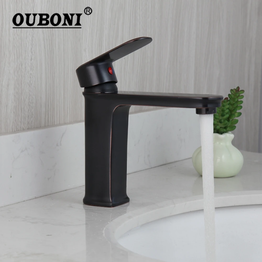 OUBONI Black ORB Bathroom Tap Faucet Deck Mounted Bathroom Wash Basin Sink Round Edge Handle Solid Brass Faucet Water Mixer Tap