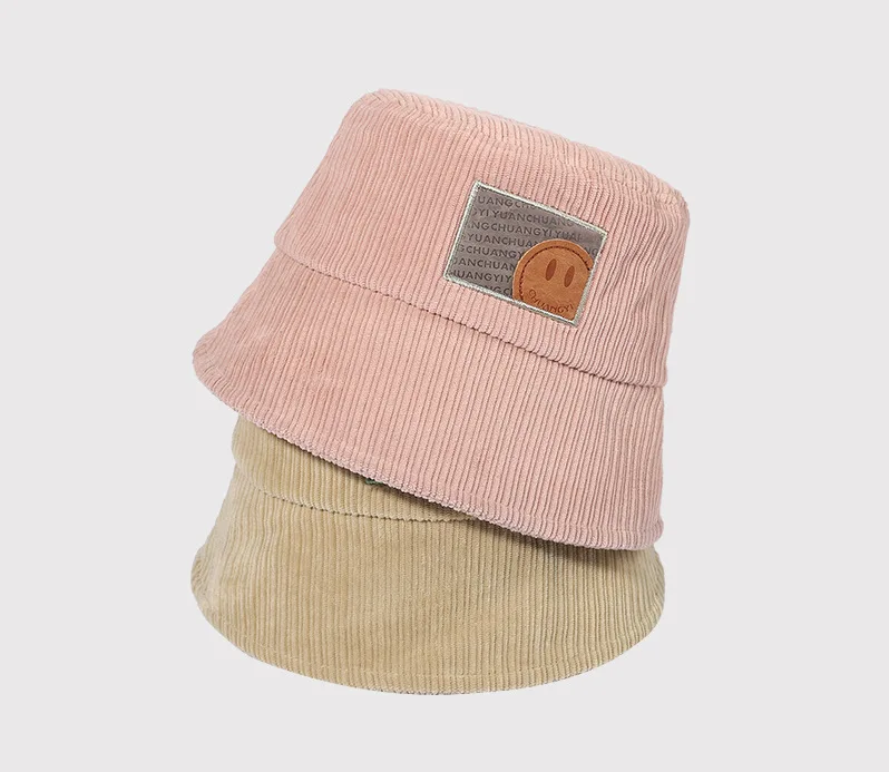 New Autumn Smiley Face Patch Corduroy Hat Couple Fisherman Hats Student Simple Solid Color Bucket Capleisure Basin Caps