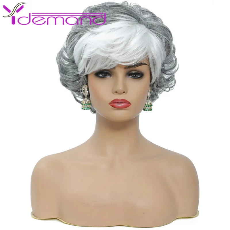 

Y Demand Women Wig Silver Grey White Ombre Synthetic Short Layered Curly Hair Puffy Bangs Short Wavy Hair Short Wavy Hair