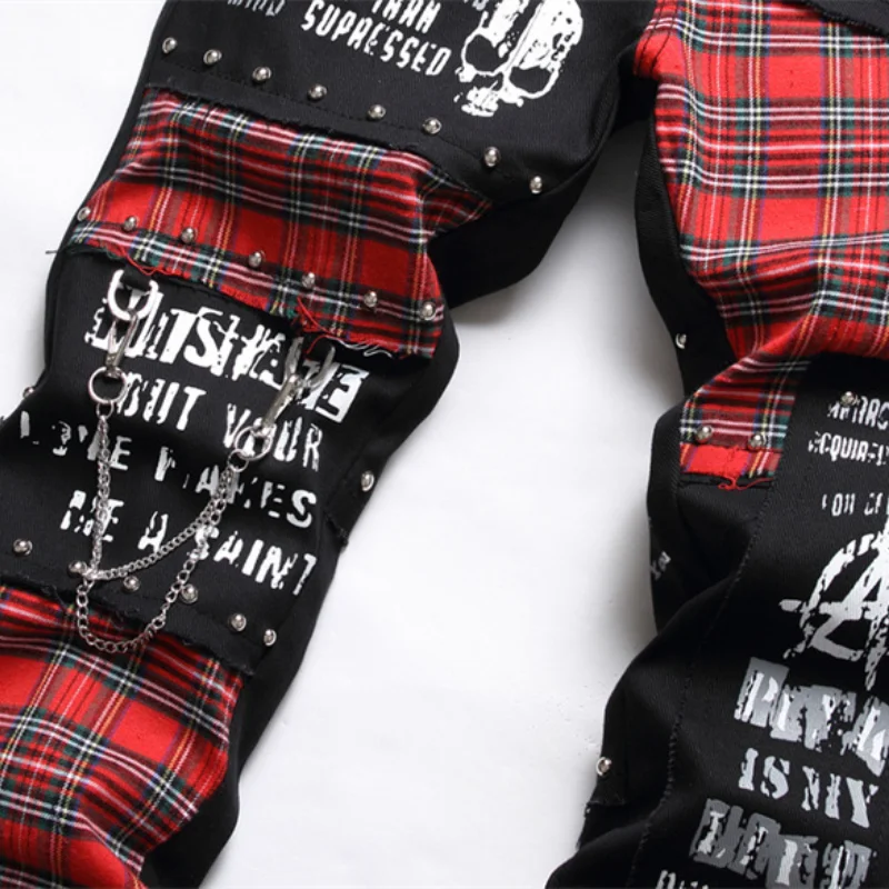 2021 Korean Fashion Red Plaid Patchwork Punk Rivet Men Slim Jeans Trousers Skull Letters Print Hip Hop Chain Denim Pants Spodnie