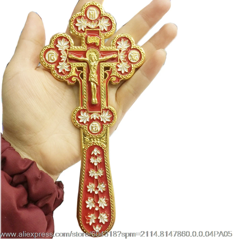 hot sell blue or red white enameled golden color zinc alloy Altar hand Blessing prayer cross orthodox crucifix