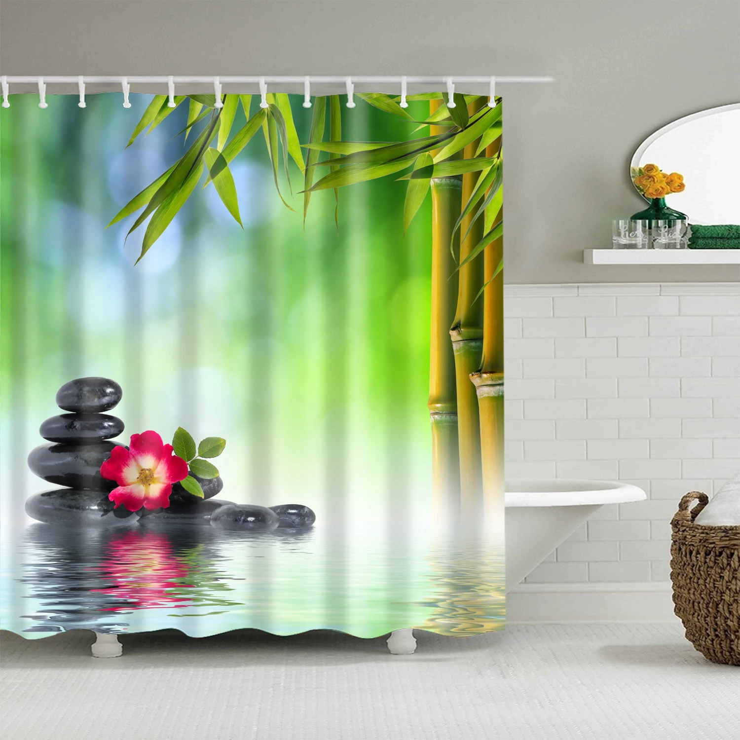 Shower Curtain Bamboo Green Plant Waterproof Green Shower Curtain with Hooks Landscape for Bathroom Decor Gifts 200x180cm Home