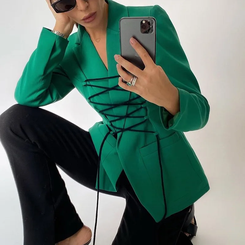 Drawstring Suit Woman Notched Full Sleeve Solid Blazer Drawstring Pockets Office Lady Style European American Style Autumn Slim