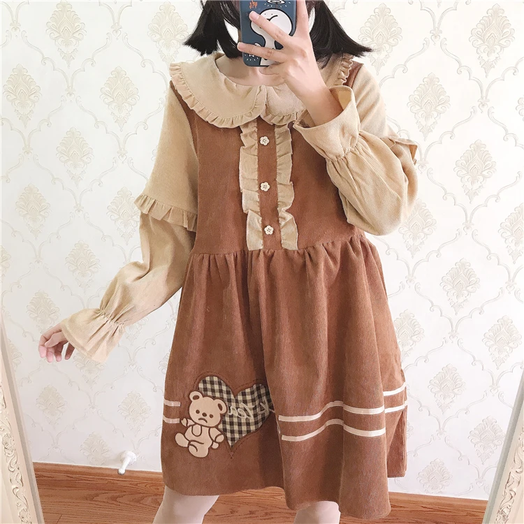 Lolita – robe japonaise douce pour filles sœurs, rétro ours brodé, mignon, col de poupée, manches longues, taille haute, style victorien, kawaii