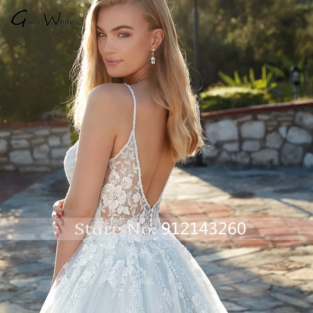 فساتين زفاف دانتيل بحزام سباغيتي على شكل حرف a بدون ظهر زي العرائس زينة العروس ذيل محكمة مخصص Vestido De Noiva