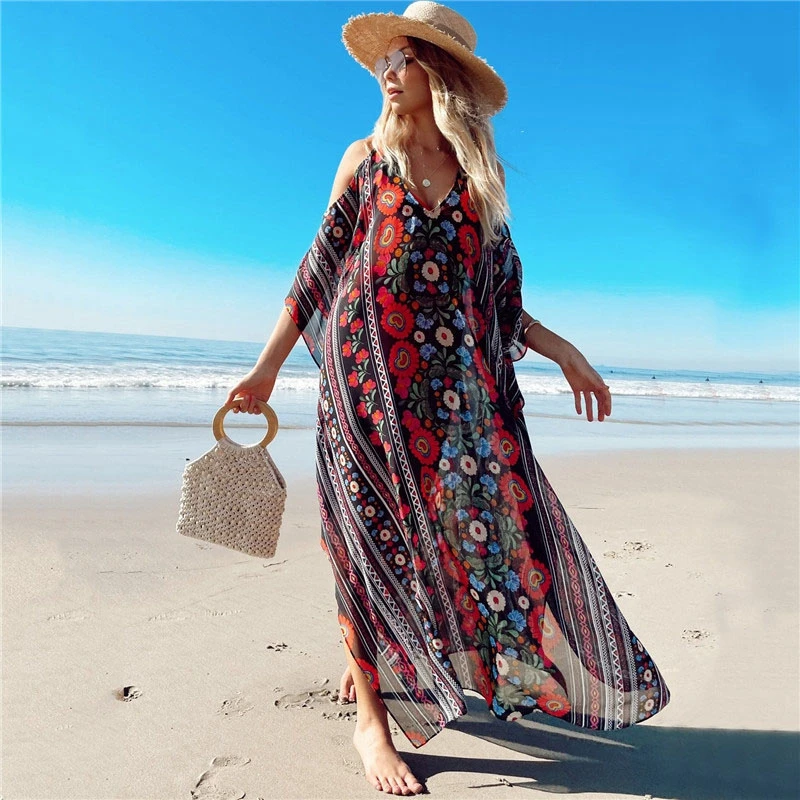 Off Shoulder Maxi Jurk Semi-Sheer Chiffon Flowy Bloemen Boho Beach Party Gown Dashiki Levendige Kleur Kiel Jurk Resortwear gewaad