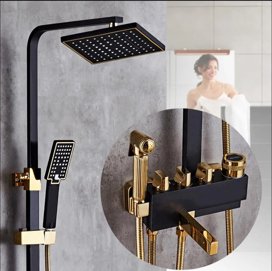 

Vidric Europe style Square Bath & Shower Faucet brass Black and gold wall mounted shower faucet set with rainfall shower head