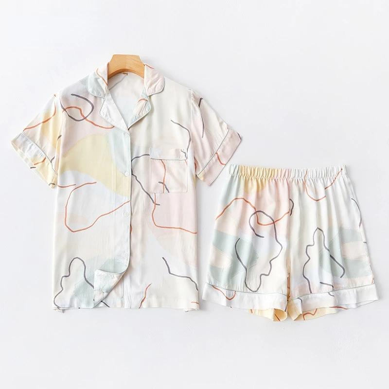 

2022 New Satin Women Pajamas Viscose Short Sleeve Shorts Suit Lapel Sexy Nightwear Two Piece Set Summer Thin Print Home Clothing