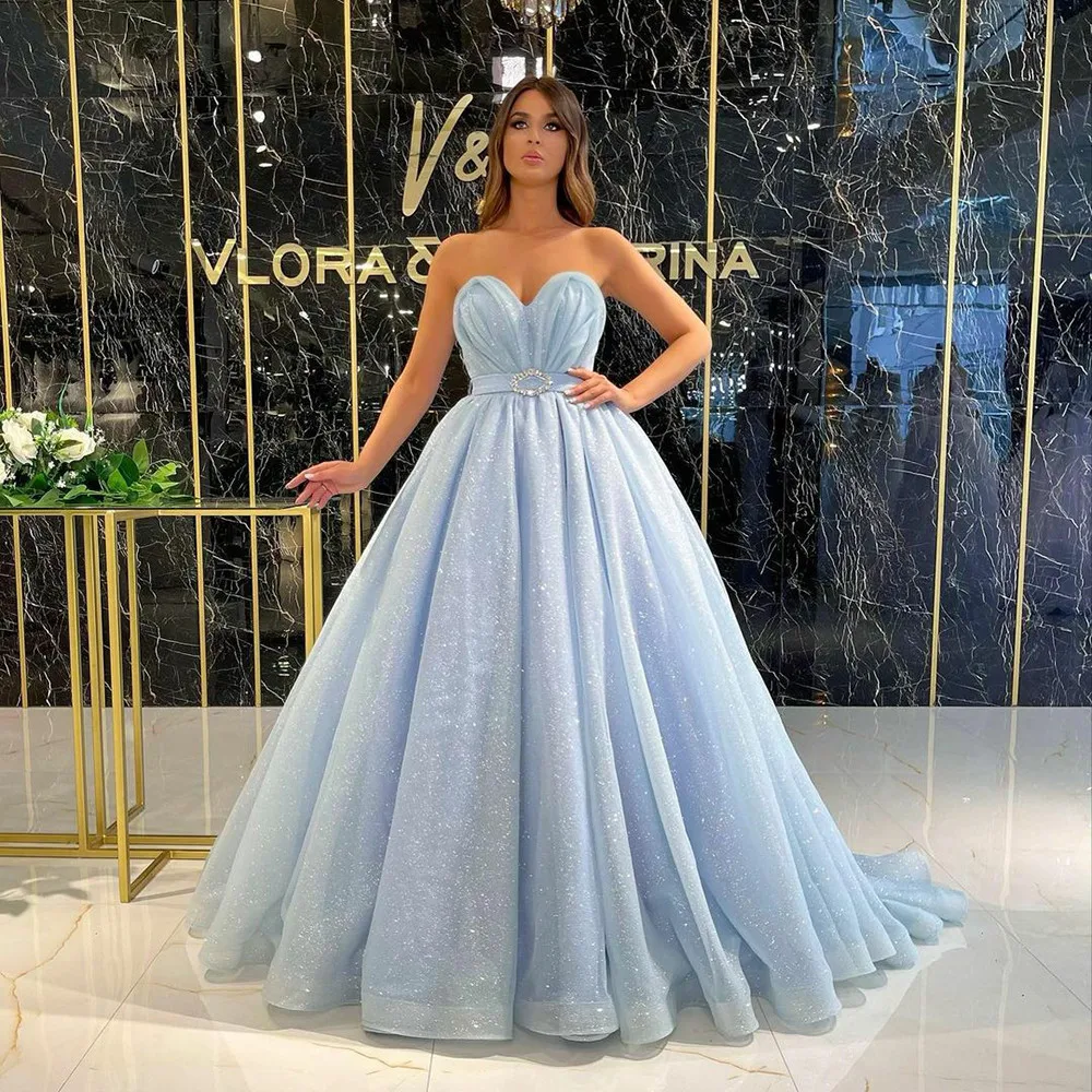 

BridalAffair Gorgeous Sky Blue Ball Gown Prom Dress Sparkling Sweetheart Backless Evening Dresses for Party