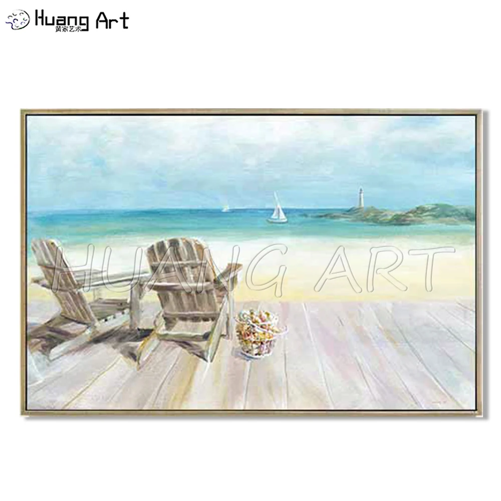 

Handmade High Quality Modern Seascape Canvas Oil Painting for Living Room Decoration Two Chairs on the Beach Landscape Painting