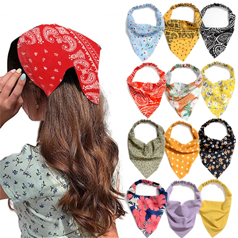 Bandana de varios estilos para mujer, pañuelo triangular para la cabeza, banda elástica suave para el cabello, pañuelo con estampado Floral bohemio,