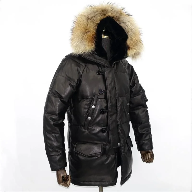 

Fur Winter Collar Hooded Overcoat Men Padded Parka Thick Warm Cold Jacket Genuine Leather Single Breasted Slim Fit Down Jacket