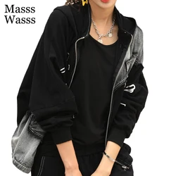 Masss Wasss New 2024 Spring Womens Hooded Design Loose Jackets Korean Style Female Letter Denim Punk Coat Gothic Casual Clothes