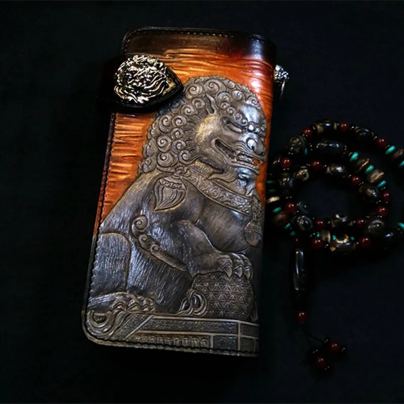 Handmade Wallets Carving Stone Lion Purses Men Long Clutch Vegetable Tanned Leather Wallet Card Holder