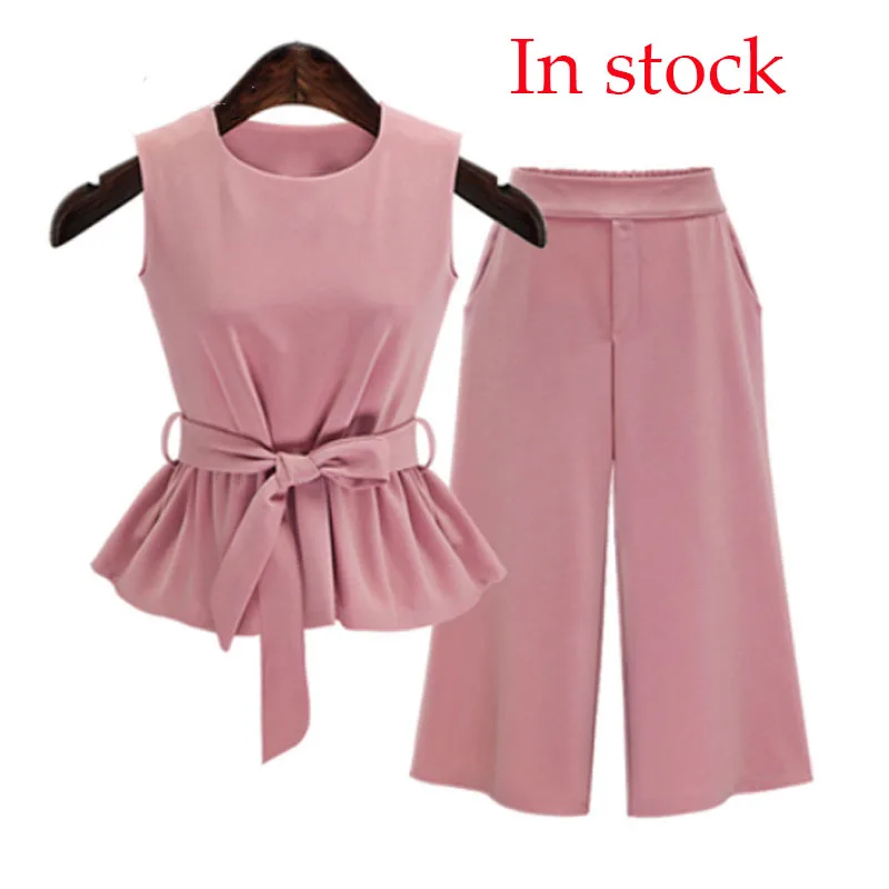 

Oversized 2022 Summer Women Tracksuit 2 Pieces Sets Sleeveless Tops and Pants Pink Color Sashes Bow Pullovers KE31