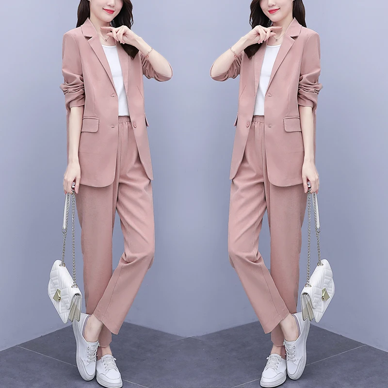 Womens Single Botton Work Blazer Suits Pants Suit 2024 New Spring Autumn Blazers Jackets With Trouser Two Pieces Set Female