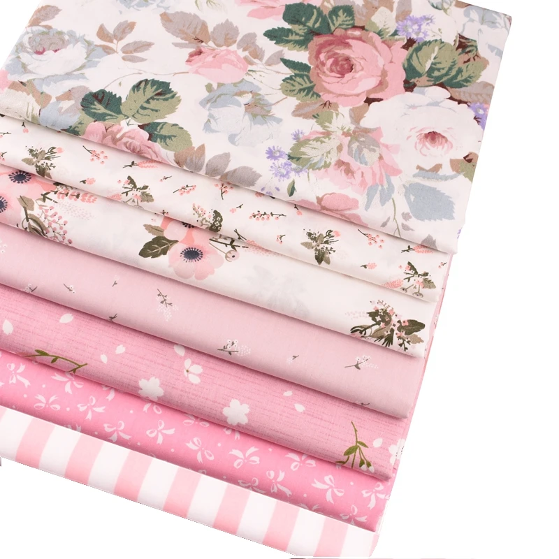 QUANFANG 7pcs/Lot Pink Flower , Printed Twill Cotton Fabric For Patchwork DIY&Sewing Quilting Material Baby  Doll Cloths 20X25cm