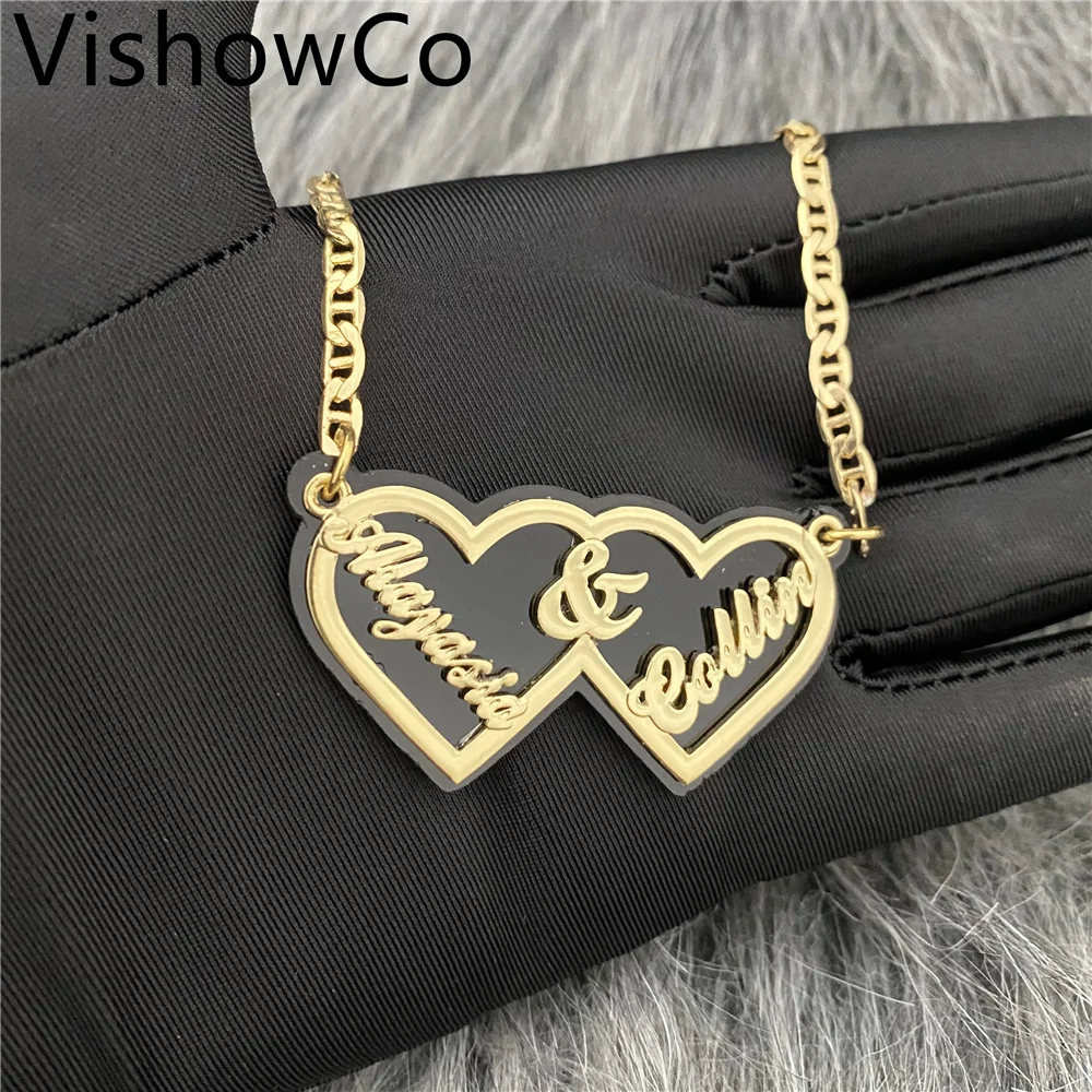 

VishowCo Custom Name Necklace Personalized Stainless Steel Gold Choker Custom Two Heart Acrylic Pendant Necklace For Women Gift