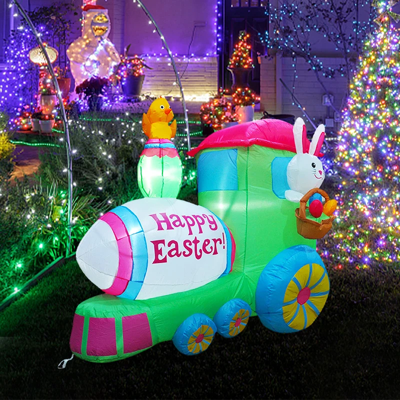 Lapin gonflable de pâques, 4.9 pieds, Train de conduite, voiture de divertissement, jouets d'intérieur et d'extérieur éclairés par LED, décoration de pelouse de cour