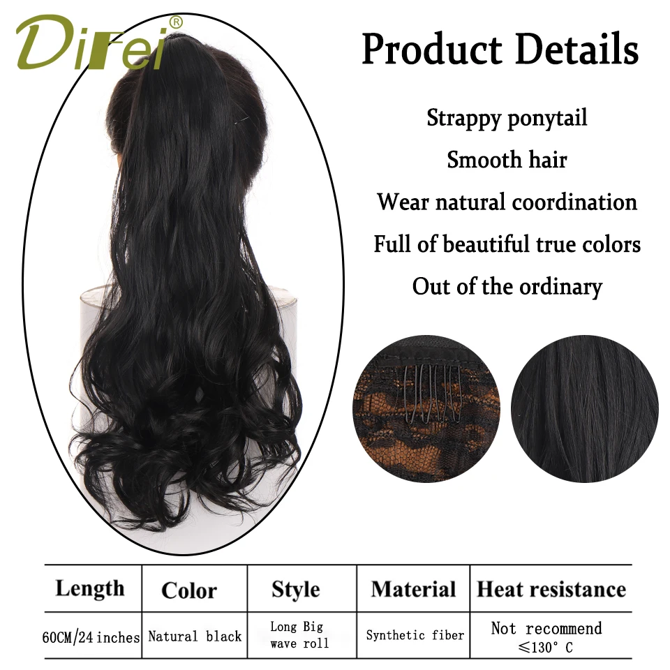 DIFEI 24 Inch Long Wave Ponytail Fakehair Synthetic Extensions Heat Resistant Hair Velcro Wrap Around Pony Hairpiece for Women