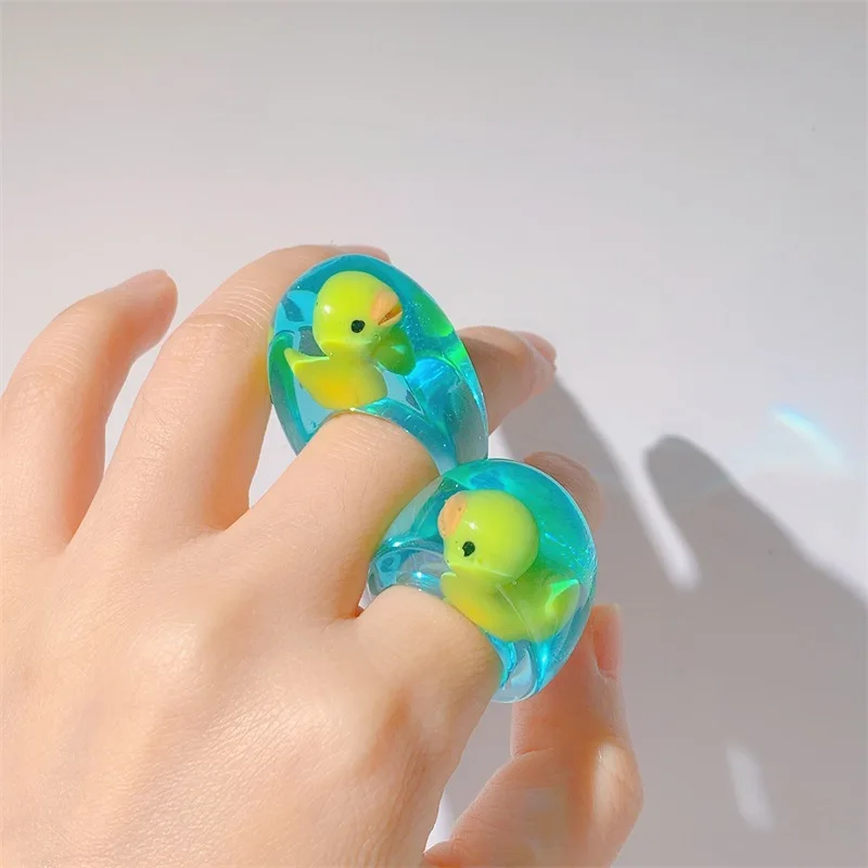 Transparent Friend Gifts Wholesale New Vintage Cute Cartoon Duck Rings for Women Y2k Rings Acrylic Fashion Jewelry Aesthetic