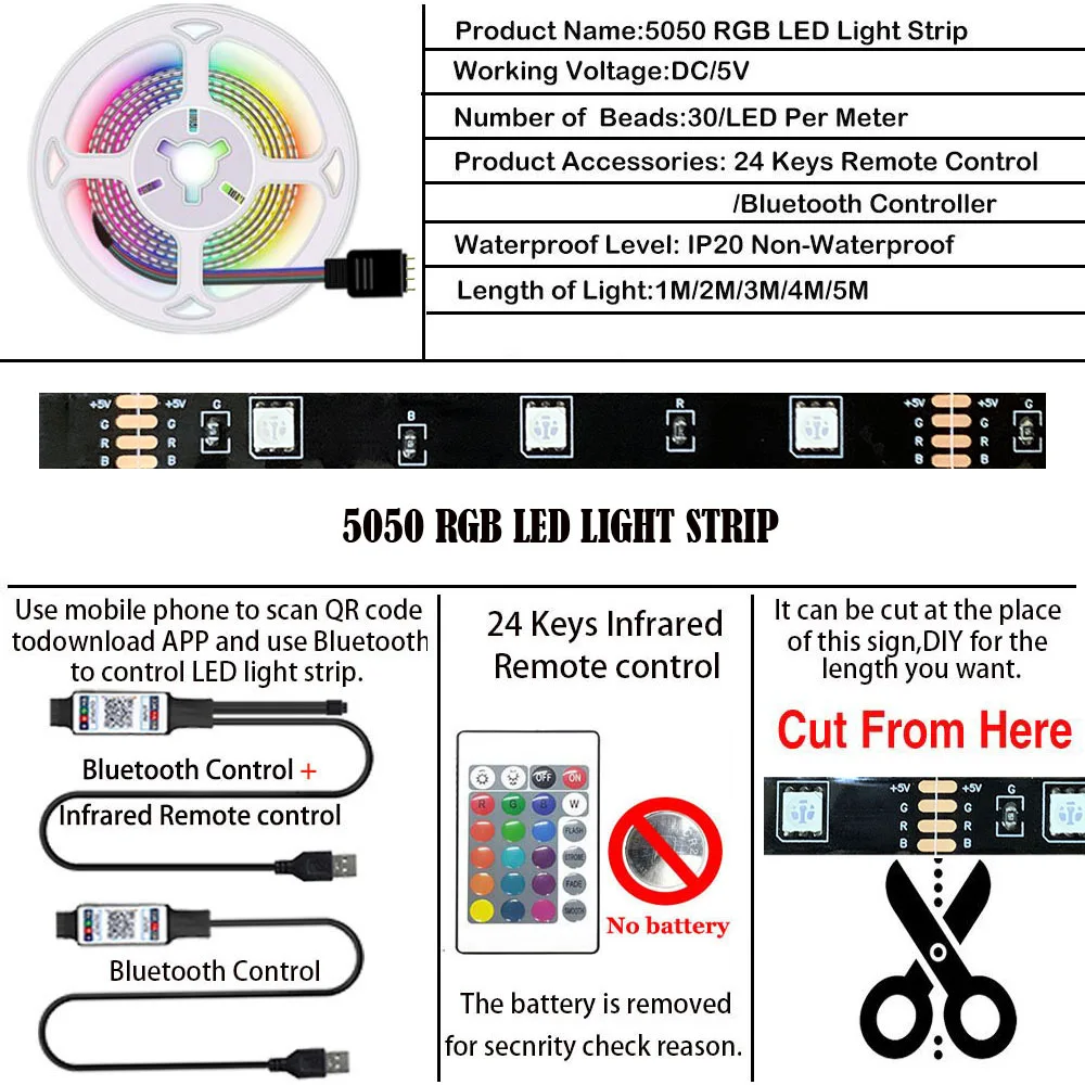 Bluetooth 5050 Led Strips Light Rgb Infrarood Afstandsbediening Usb 5V Flexibele Lint Lamp Diode Backlight Voor Tv Pc app Controle