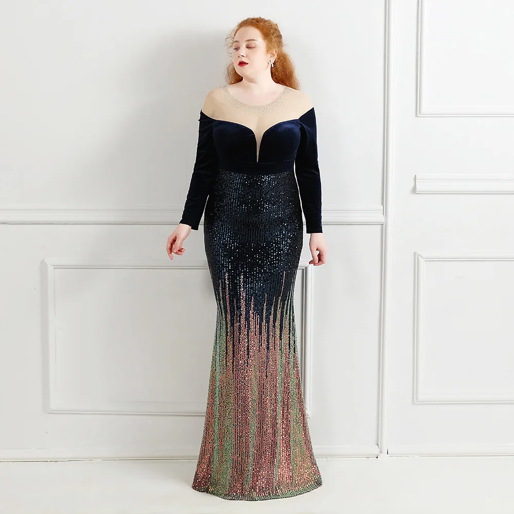 

Plus Size 2022 Velvet Sequins Elegant Mermaid Long Sleeve Cocktail Party Dresses Women Formal O-Neck Floor-Length Prom Vestidoes