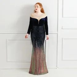 Plus Size 2022 Velvet Sequins Elegant Mermaid Long Sleeve Cocktail Party Dresses Women Formal O-Neck Floor-Length Prom Vestidoes