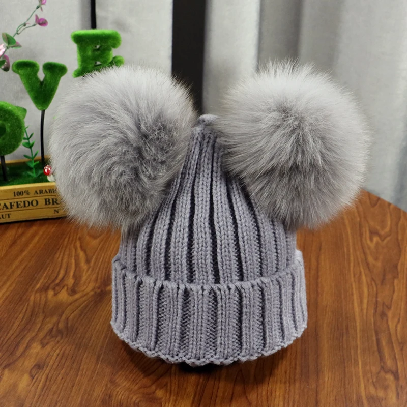 Winter Baby Knit Hat With Two natural Pompoms Boy Girls Natural Fur Beanie Kids Caps Double Real Fur Pom Pom Hat for Children