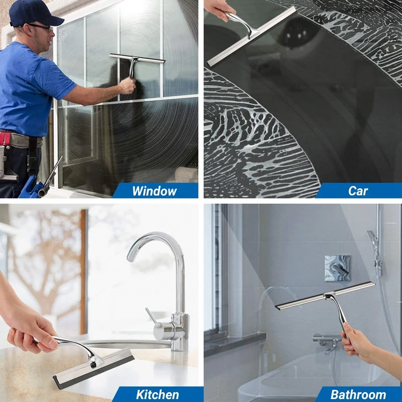 Stainless Steel Shower Wiper, Shower Squeegee without Drilling, Window Puller, Wall Hanger, 2 Silicone, 31cm