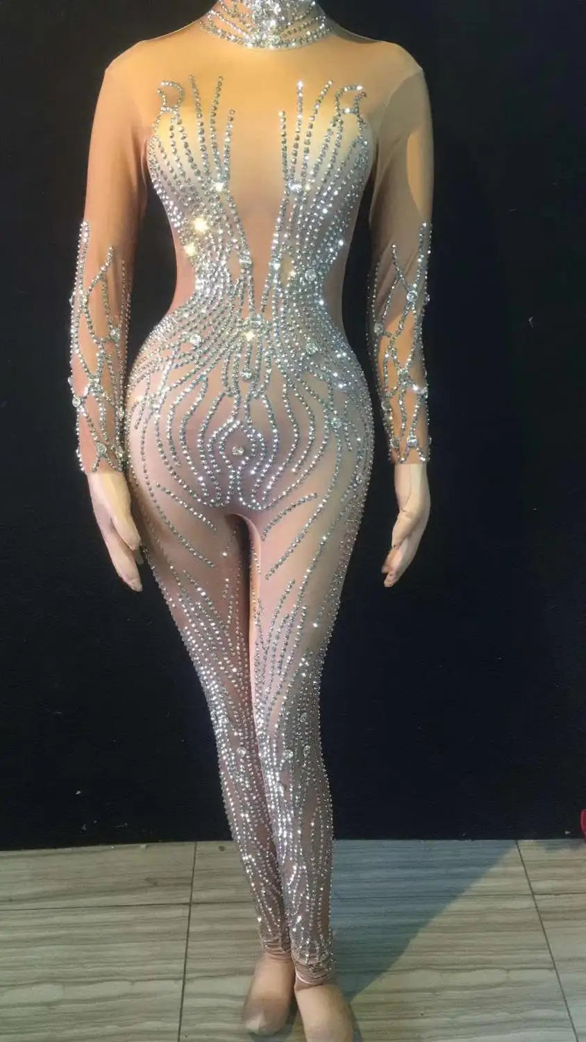 Sparkly Diamonds Rhinestones Nude Sexy  Jumpsuit Nightclub Bar Performance Costume Female Singer Rompers Dancer Stage Wear