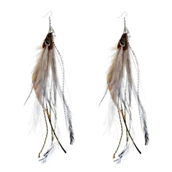 Bohemian Ethnic Zebra Pattern Pure Natural Feather Long Earrings For Women Fashion Rice Bead Chain Feather Tassel Earrings