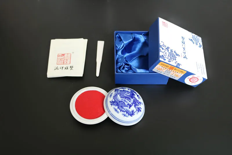 Red Inkpad With Round Blue And White Porcelain Ceramic Box Calligraphy Signature Seals Name Stamp Cinnabar Pad Paper Box Packed