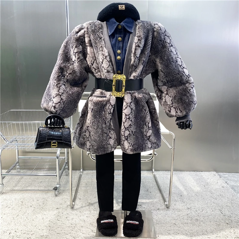 New 2021 Fashionable And Versatile Loose Snake Pattern Artificial Wool Warm Fur Coat Advanced V-neck Comfortable Plush Coat