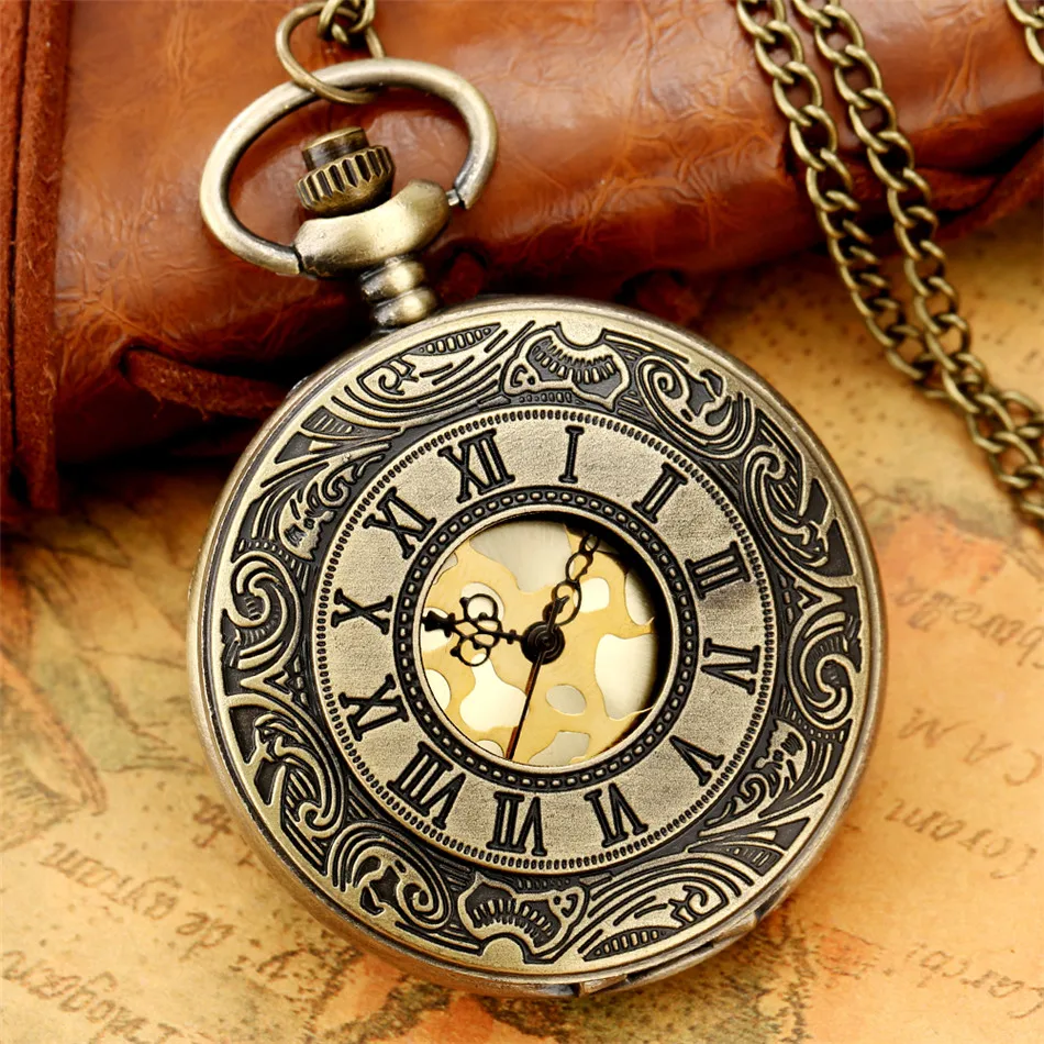 Reloj de bolsillo de cuarzo para hombre y mujer, pulsera con diseño grabado de números romanos, círculo hueco, clásico, Vintage, regalo