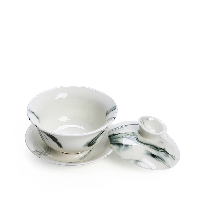 Hand-painted White Porcelain Covered Bowl, Teacup Ink Series, Kung Fu Tea Set, Ceramic Ancient Large Sancai Bowl, NO.YZ76