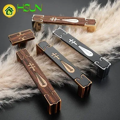 

New Chinese wood grain cabinet drawer door pull handle retro cabinet small handle combination handle hardware accessories